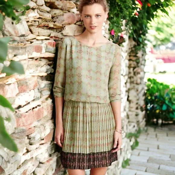 Anthropologie Lavand, Minted Meadow Pleated Mini Long Sleeve Dress